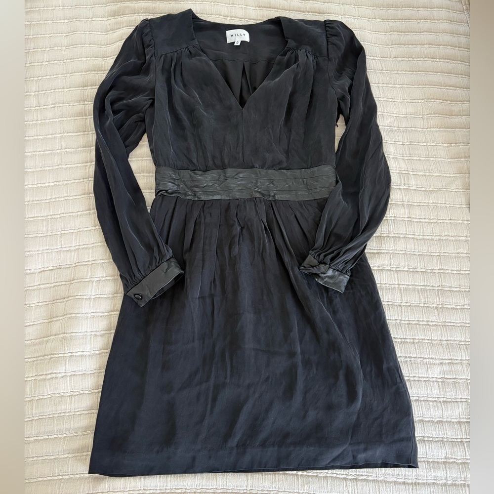 Milly Black Silk Lamb Leather Cuff &‎ Belt Long Sleeve Mini Dress 6 Party LBD